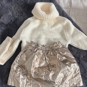 Cream Turtleneck Sweater and Metallic Skirt Set